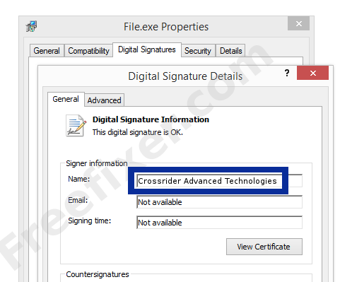 Screenshot of the Crossrider Advanced Technologies certificate